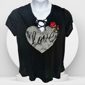 3 for $15 Black Lace-Up Neckline Print Tee "Love" Juniors Plus Size XXXL- 21